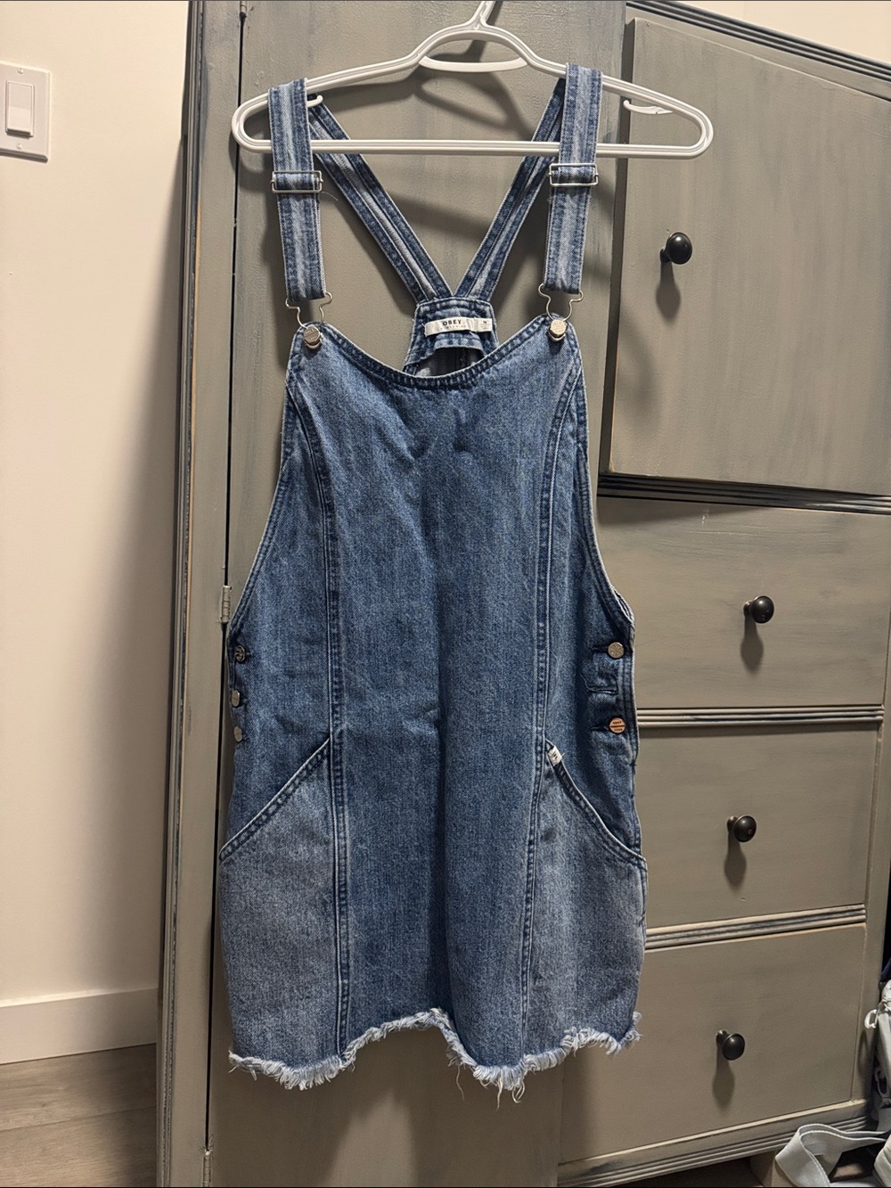 Obey Blue Denim Overall Dress with Frayed Hem
